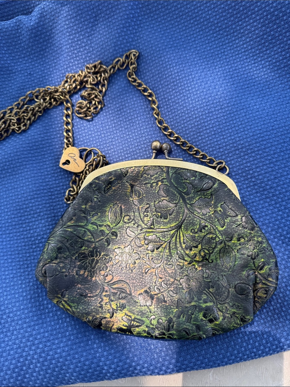 American Rag Green Floral Embossed Wristlet with Antique Gold Chain